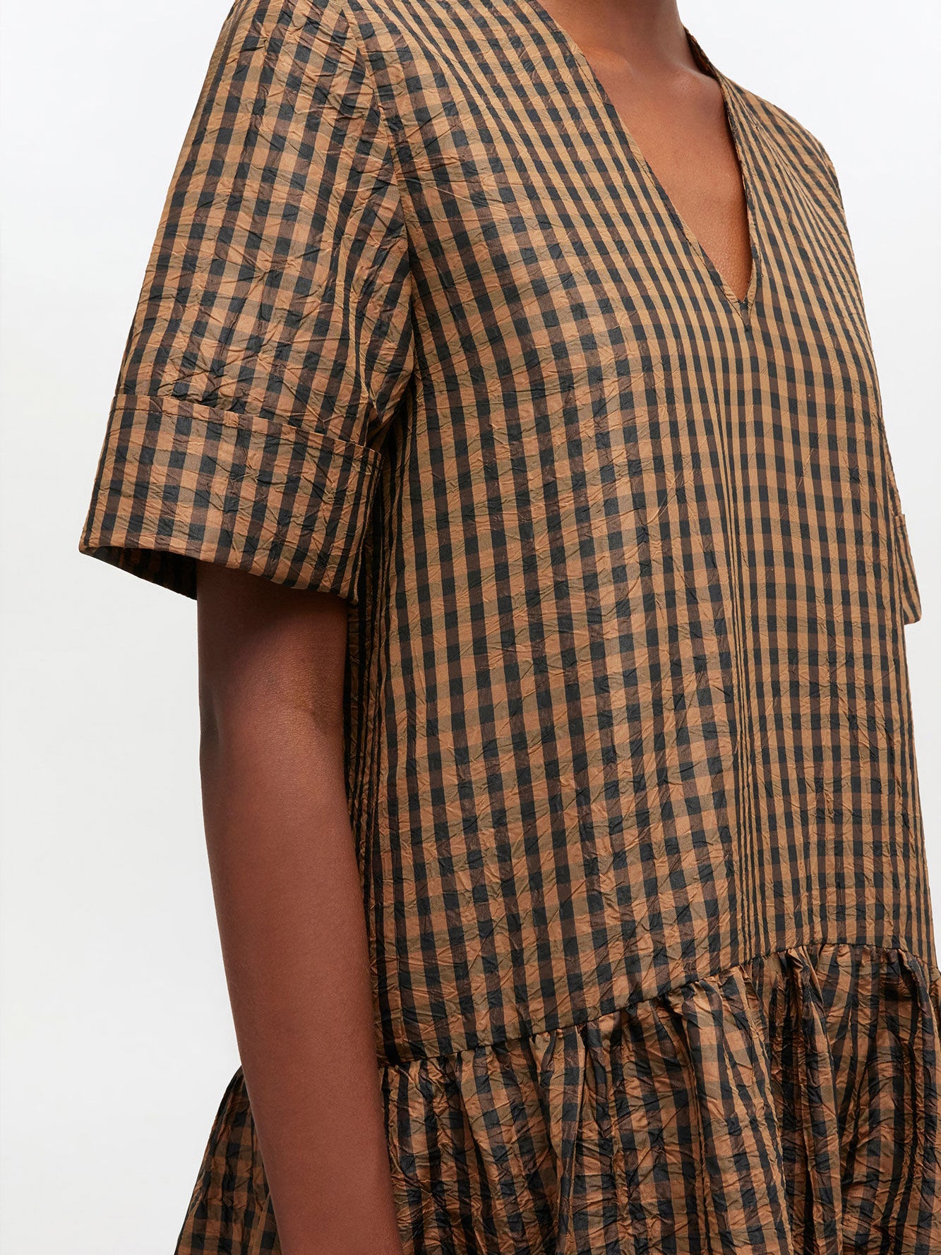 Crinkled Check Long Dress Tobacco Brown