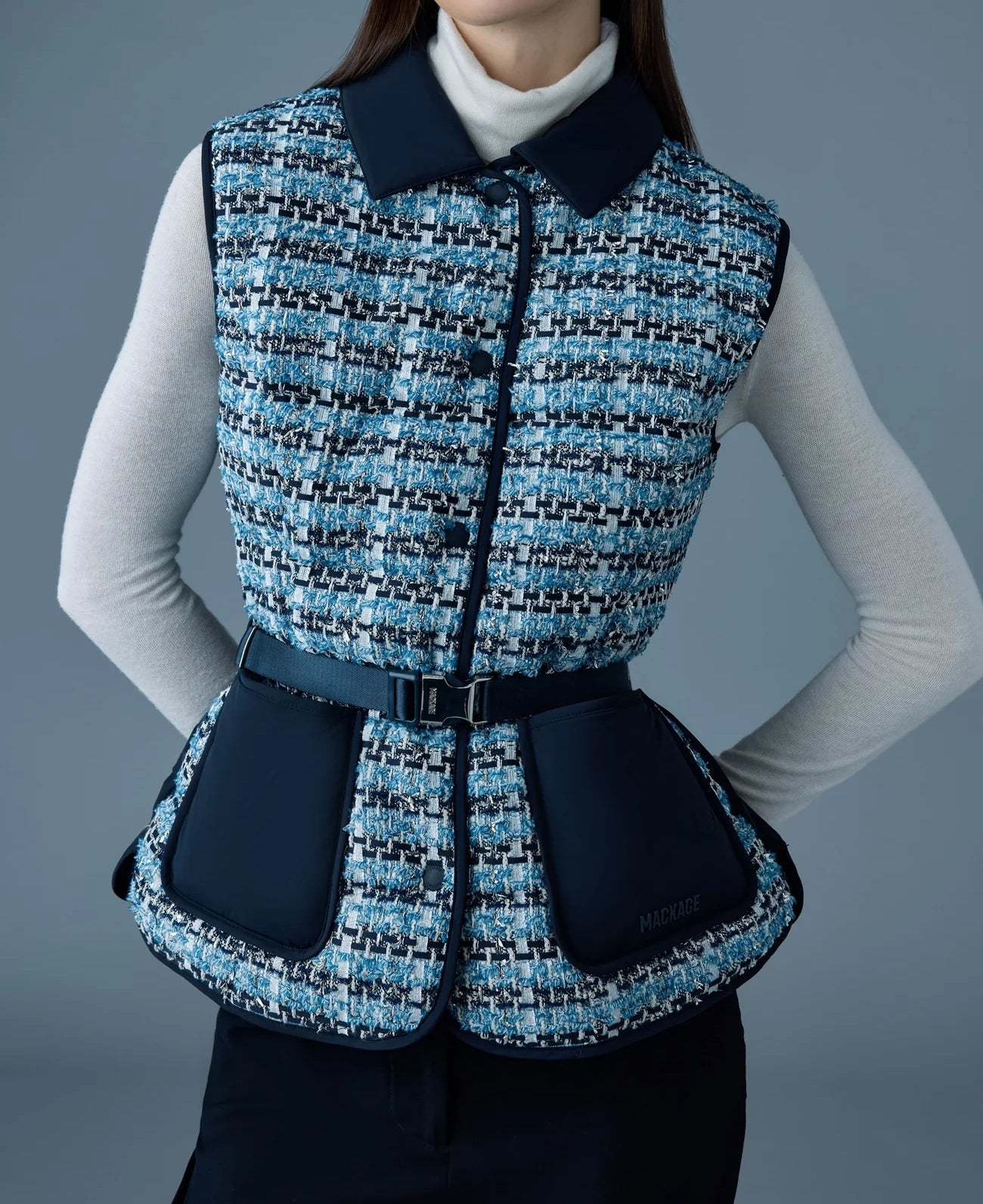 Mackage Francine-TW Mix Media Light Down Tweed Vest Sky Blue Multi