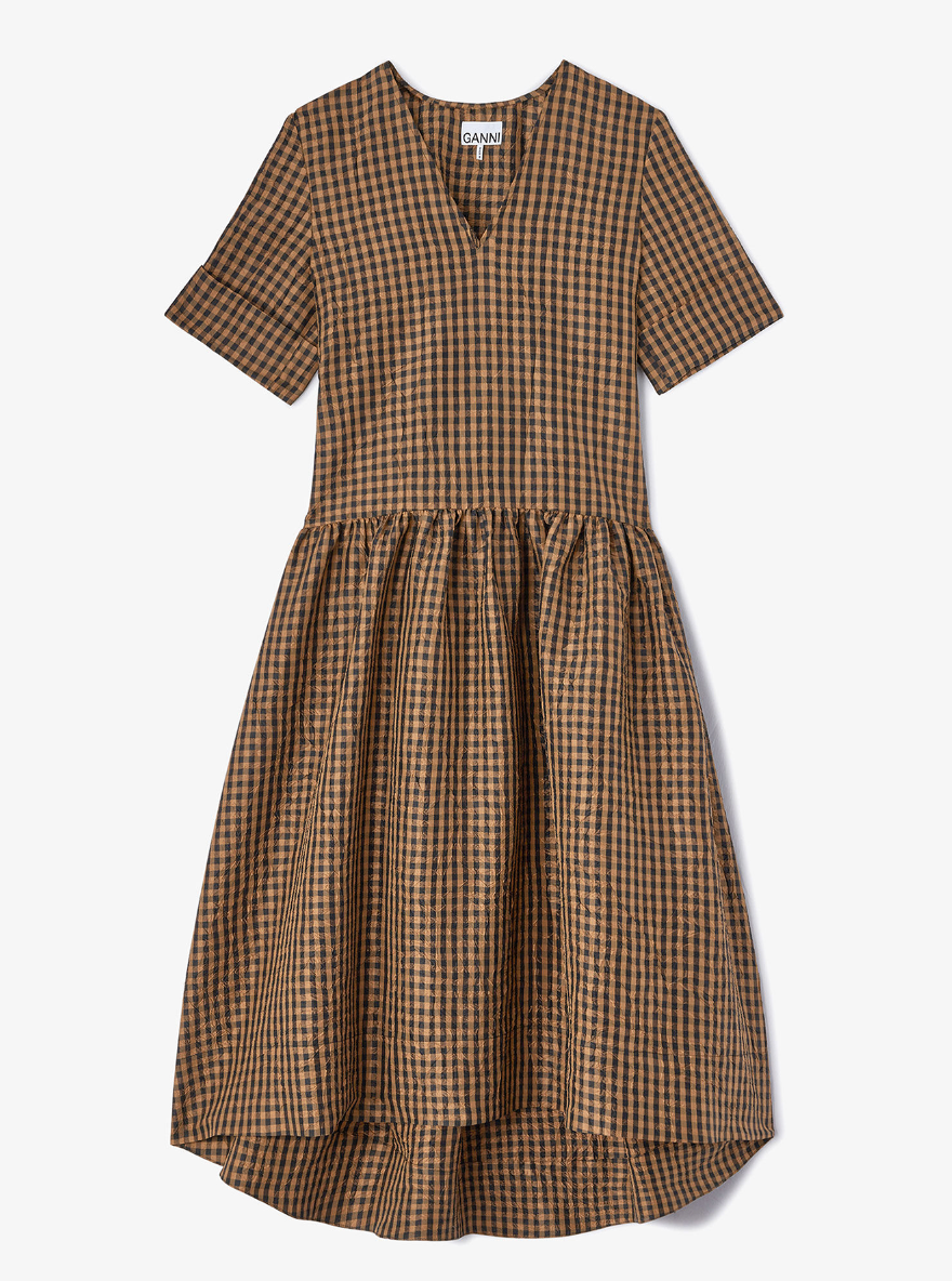 Crinkled Check Long Dress Tobacco Brown