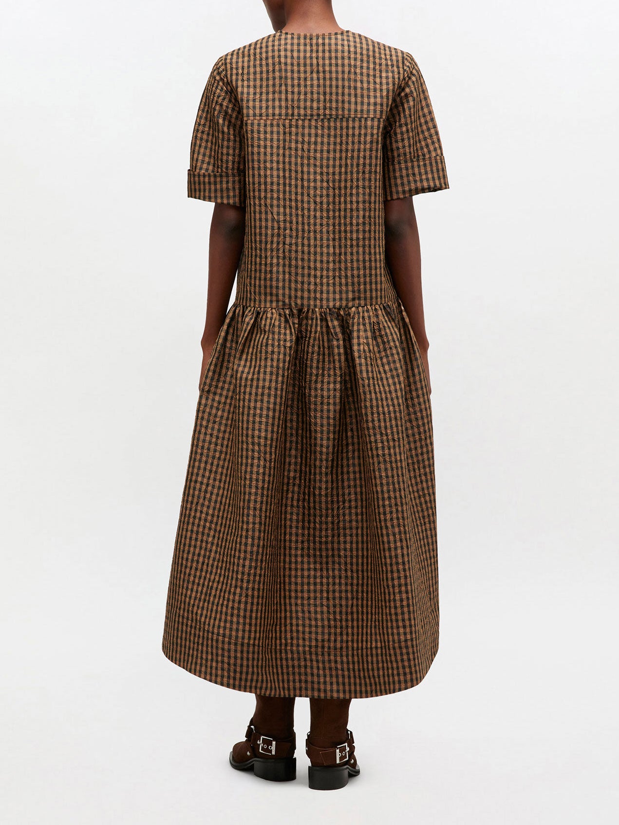 Crinkled Check Long Dress Tobacco Brown