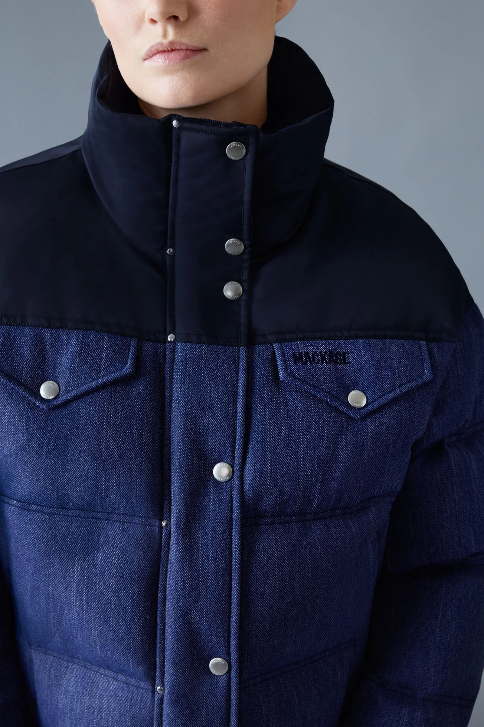 Mackage Brigit-dnm Quilted Denim Down Jacket Medium Denim