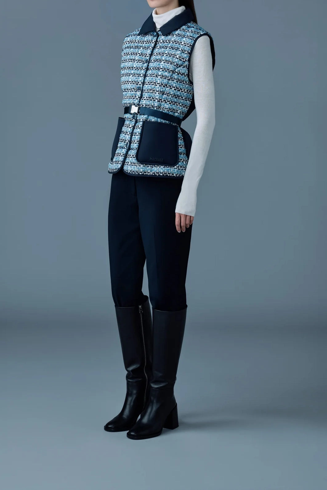 Mackage Francine-TW Mix Media Light Down Tweed Vest Sky Blue Multi