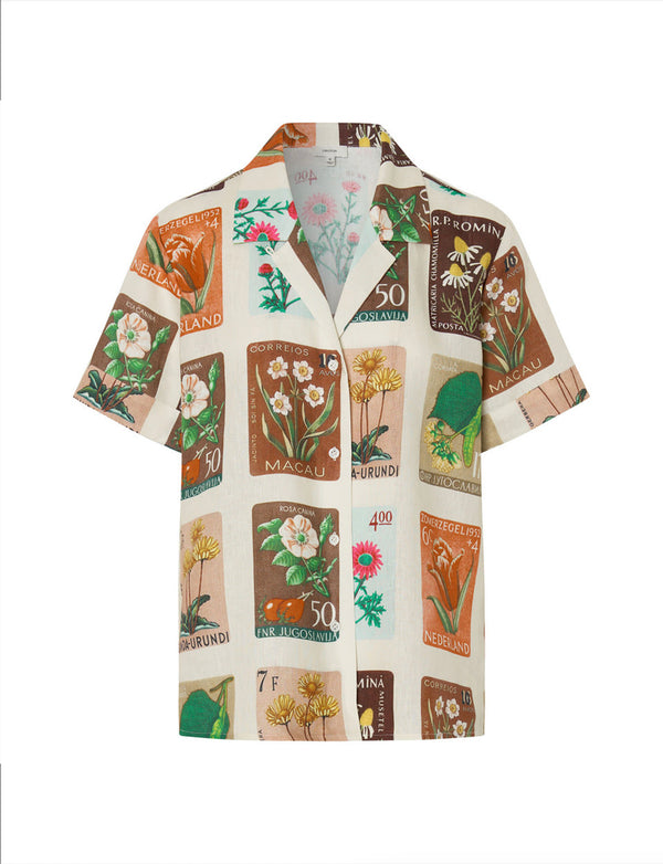 Flower Stamp Print Camp Shirt